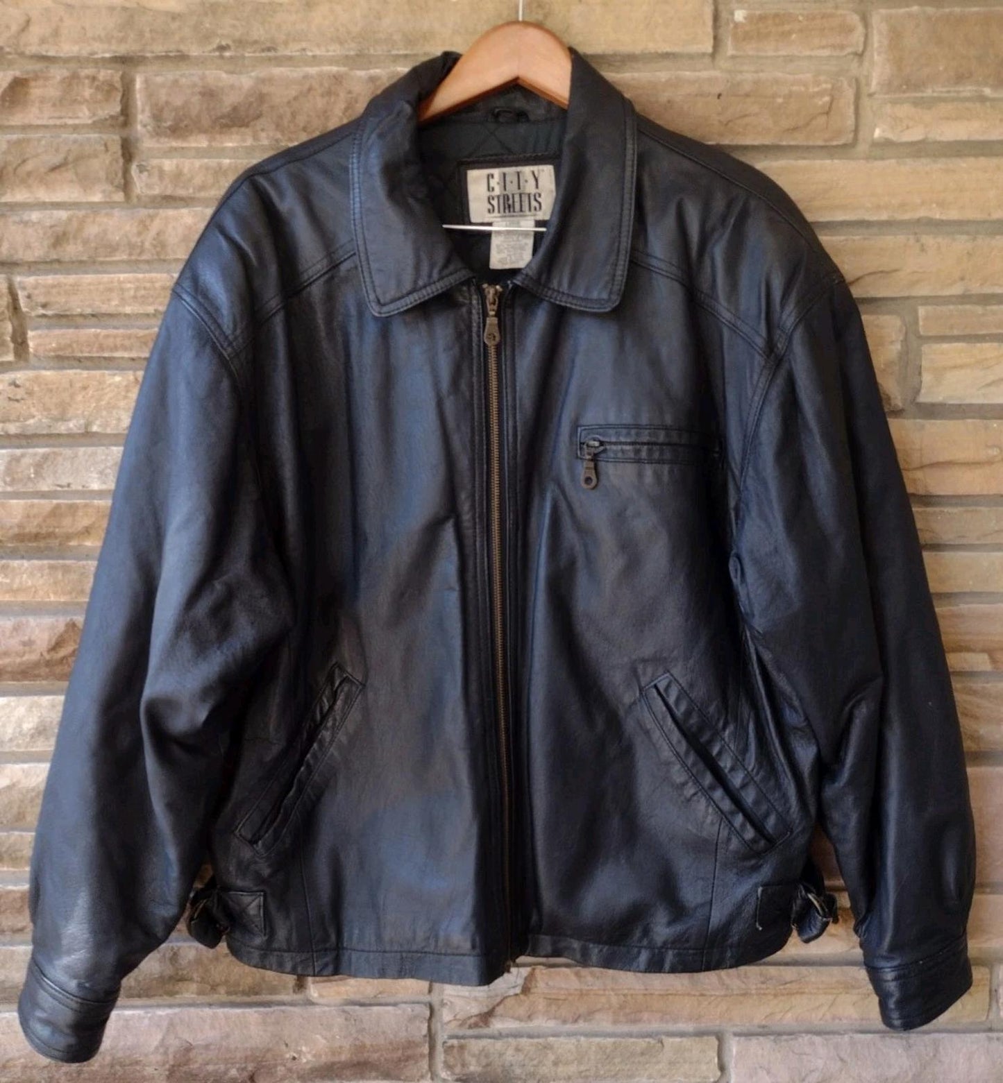VTG City Streets Real Leather Black Moto Jacket L Y2K Brass YKK RN93677 Rare