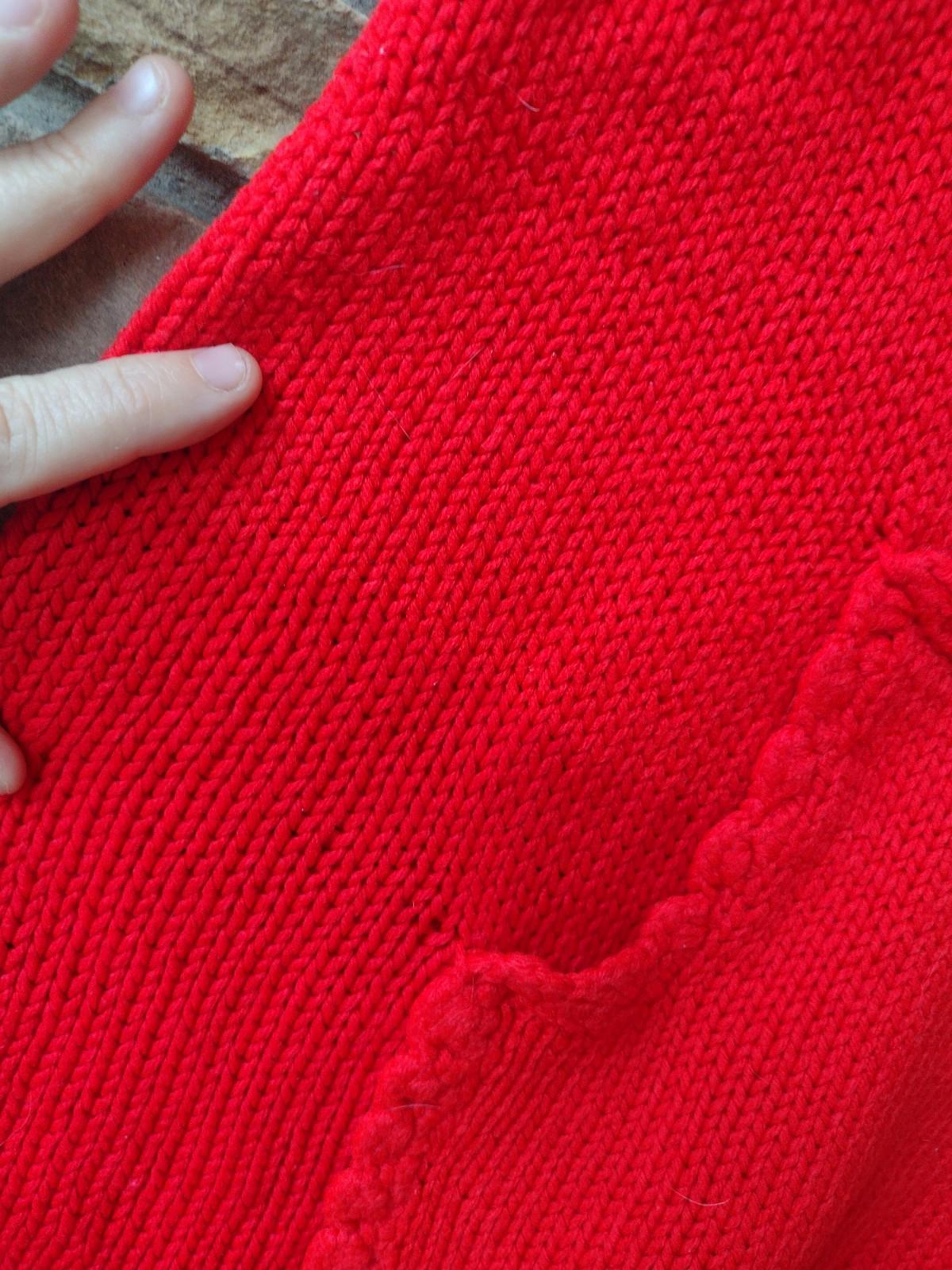 🔥Handmade VTG 90s Bright Red Knit Vest Tunic Kangaroo Pocket Scalloped Trim S/M