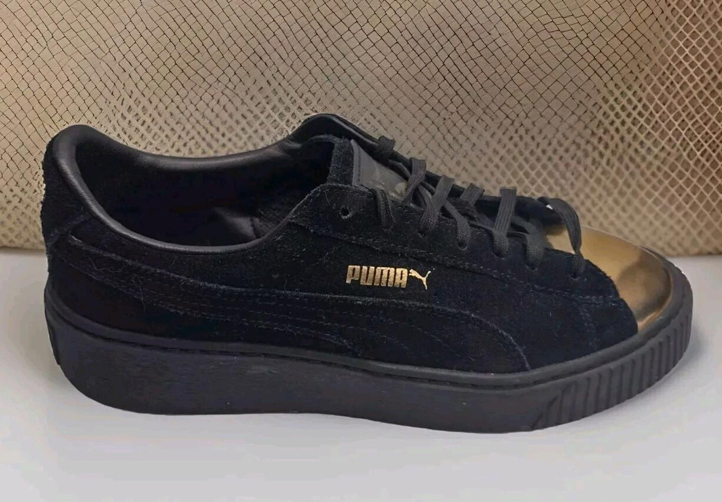 Puma Black Suede Gold Toe Platform Sneakers Sz 7.5 Women