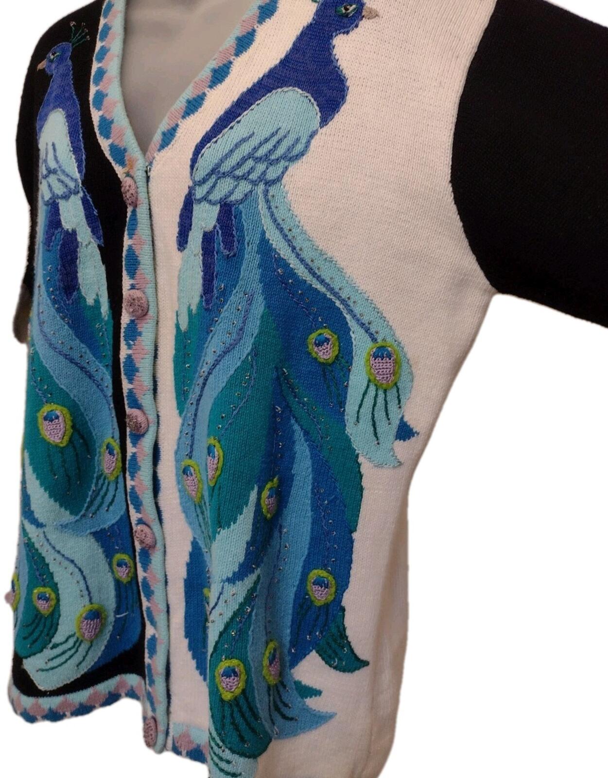Storybook Knits Regal Plumage Peacock Cardigan L Embroidered