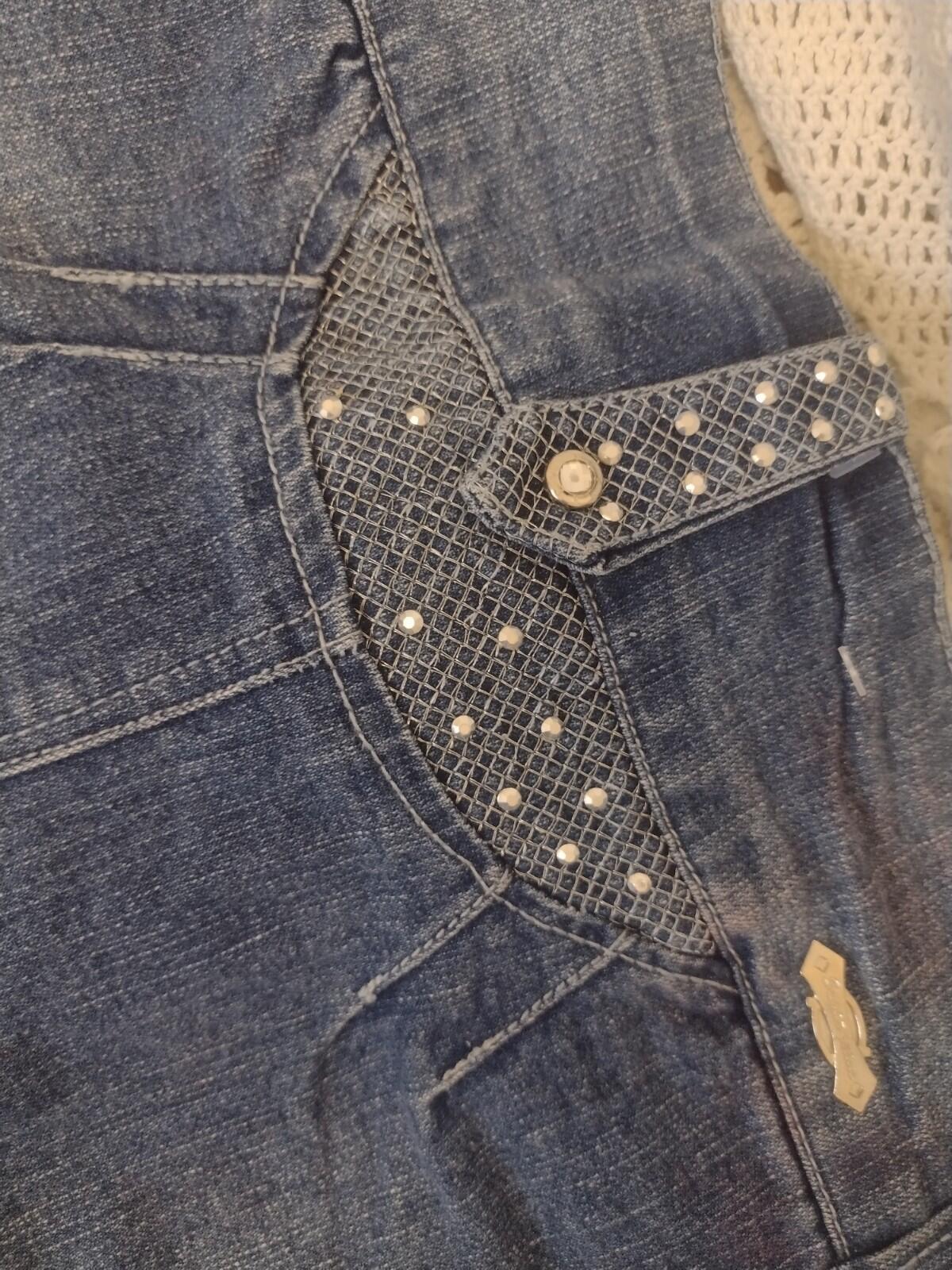 Sugar Jeans Y2K Rhinestone Distressed Denim Micro Mini Skirt Sz 9/10 Embellished