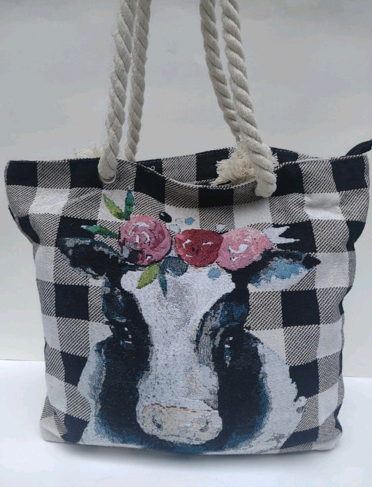 Cow Tapestry Tote Bag Buffalo Plaid Farmhouse Cottagecore Rope Handle Zip Top