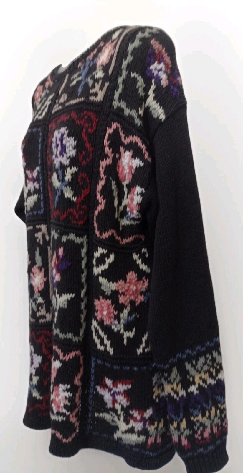 Vintage 80s Celina Yang Floral Intarsia Ramie Cotton Sweater L Hong Kong Knit