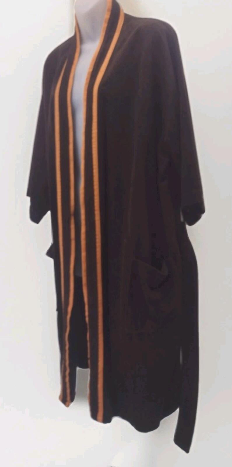 Vintage 70s Swinger Velour Robe Brown Tan Trim Belted OSFA 80s Lounge Wear