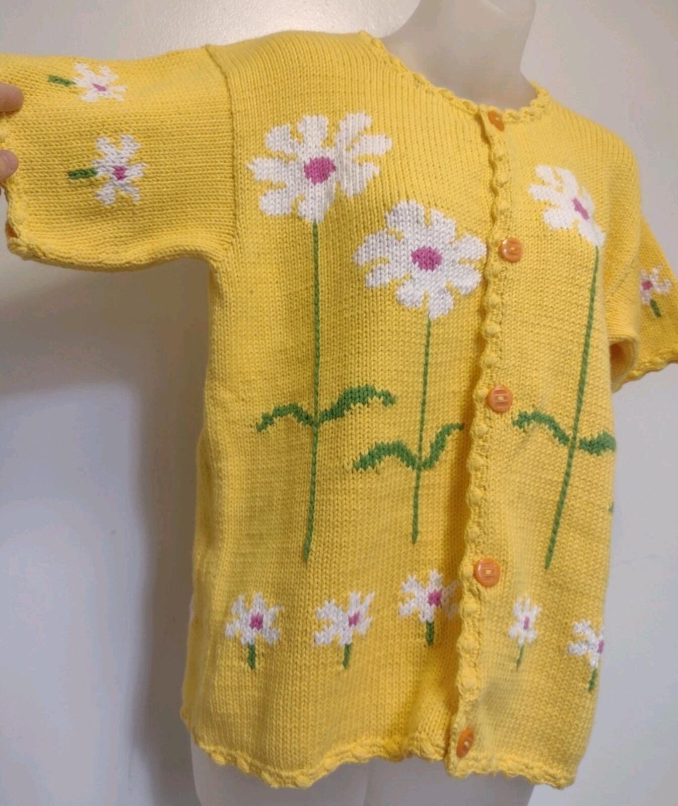 Rey Wear Hand Knit Bolivia Cotton Daisy Cardigan M Popcorn Stitch Yellow