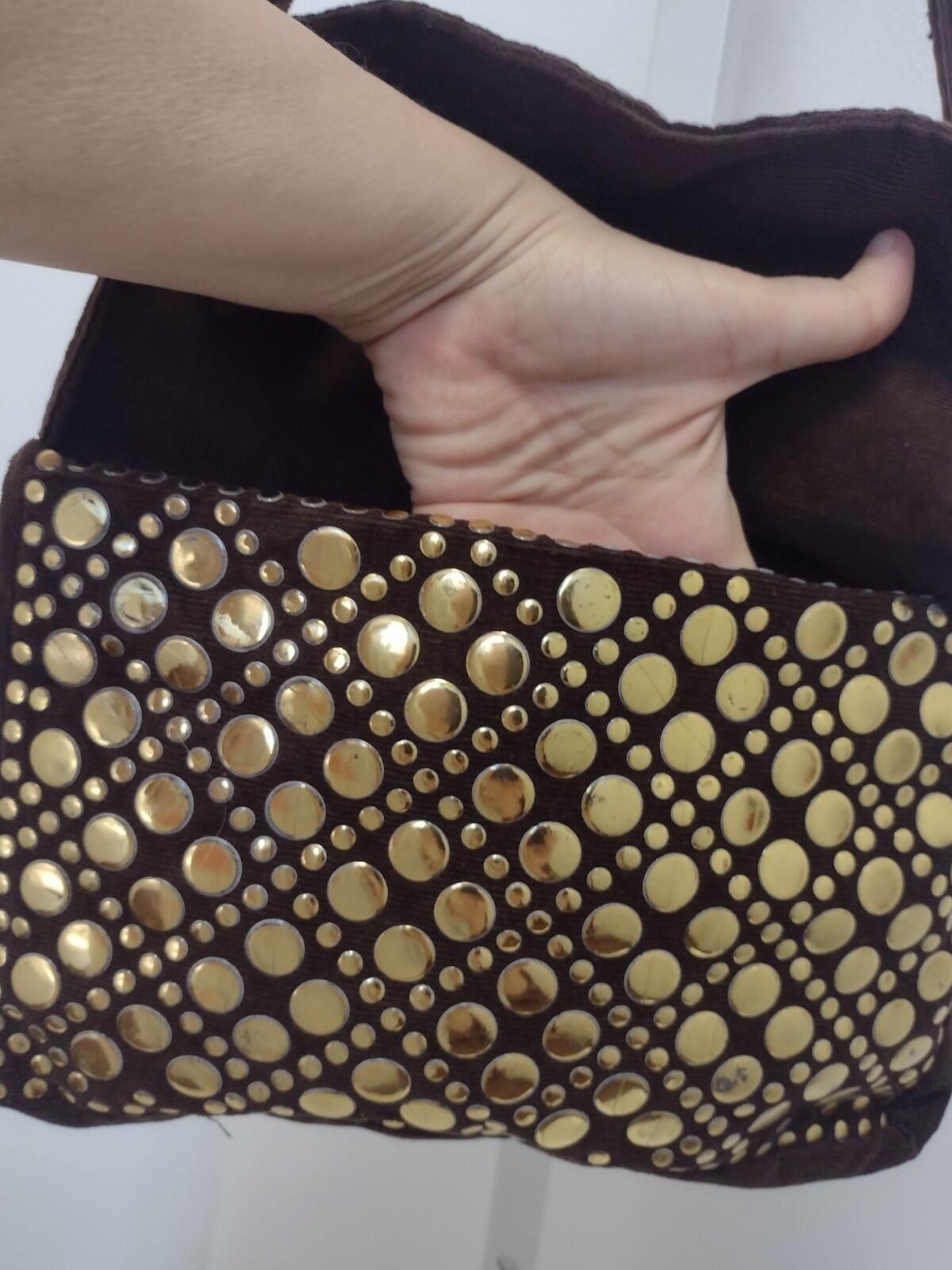 VTG 70s Boho Glam Corduroy Gold Medallion Shoulder Bag Hong Kong Purse Studio 54