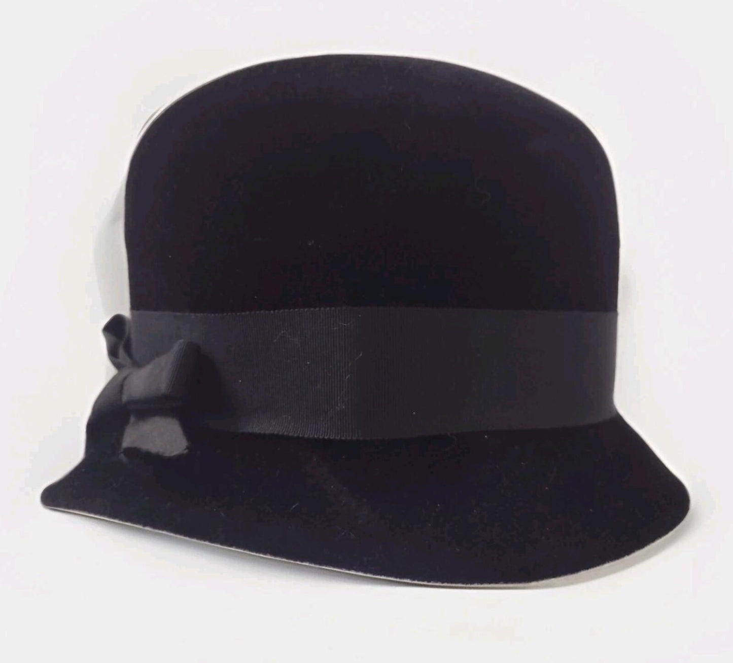 50s Merrimac Peachbloom Velour Black Hat Wired Brim Bow 22
