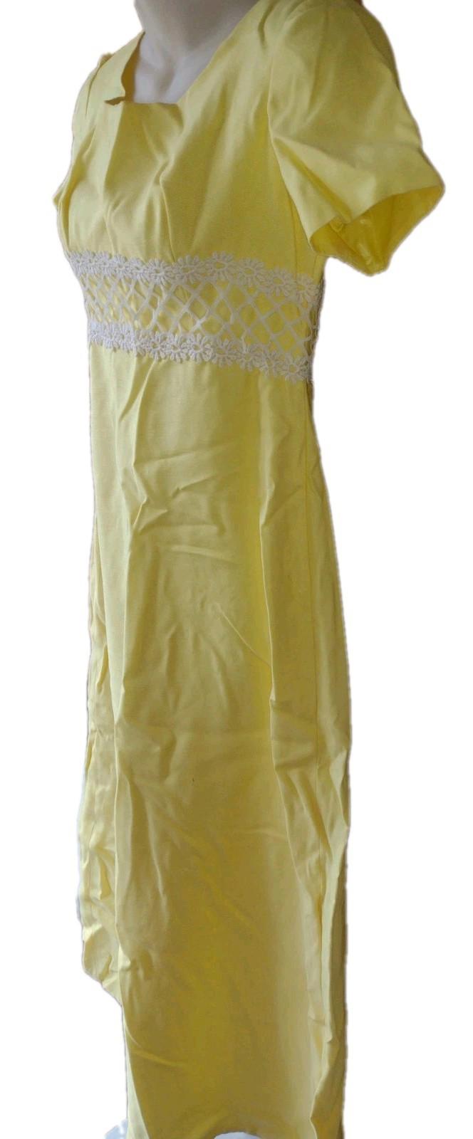 VTG Deadstock 60s ILGWU Yellow Shantung Empire Waist Maxi Dress Lace Trim NOS