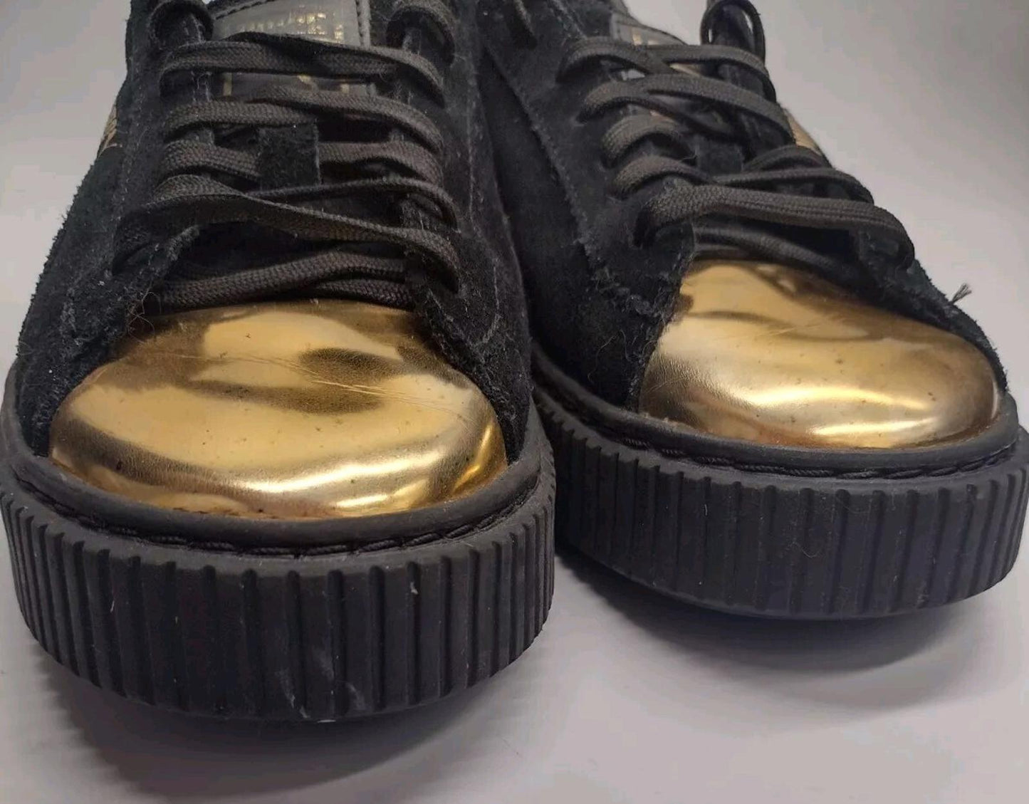 Puma Black Suede Gold Toe Platform Sneakers Sz 7.5 Women