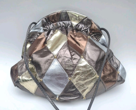 USA Leather Patchwork Frame Bag Vintage Metallic Clutch Purse Boho Disco Glam