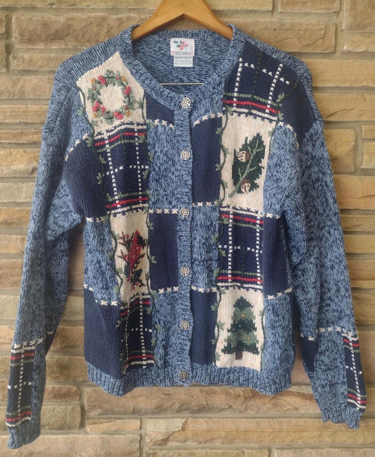 Nutcracker Ramie Cotton Blue Patchwork Cardinal Holiday Sweater Medium