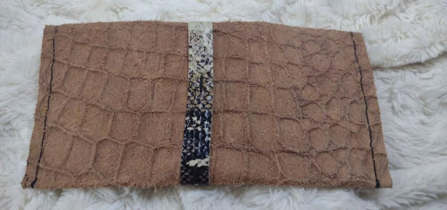 Handmade artisan croc snake embossed suede wallet new