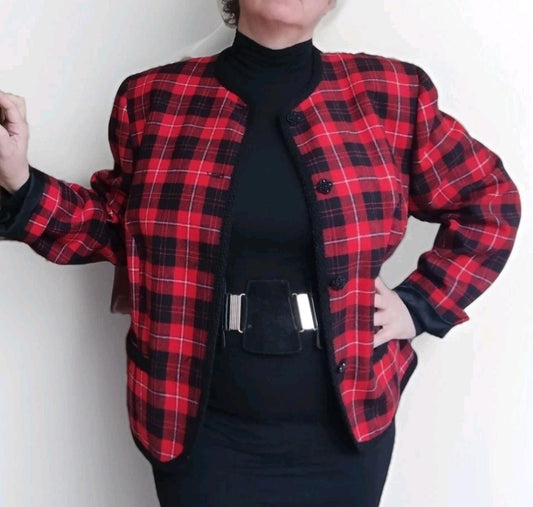 Vintage 60s Rare Pendleton Wool Jacket 18W Red Plaid Braided Trim Satin Lining