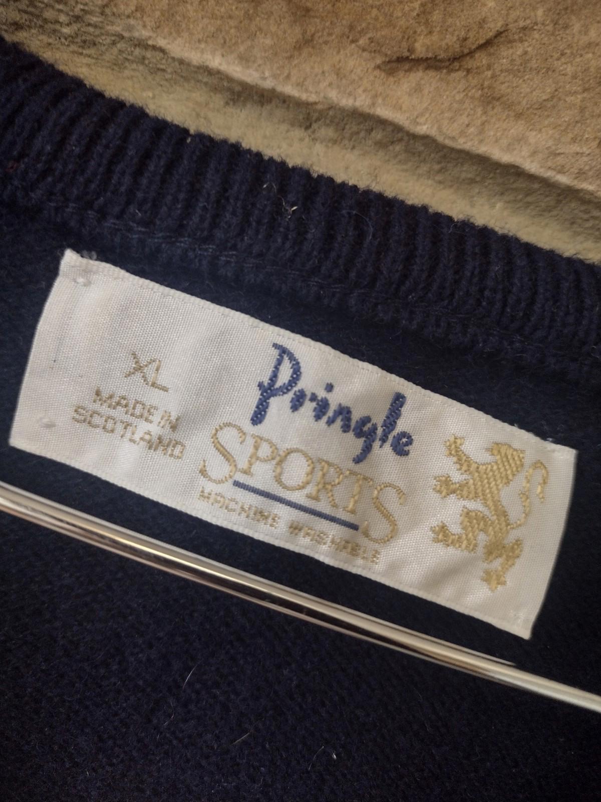 Vintage Pringle Sports Wool Sweater XL Navy Red Geometric Made in Scotland