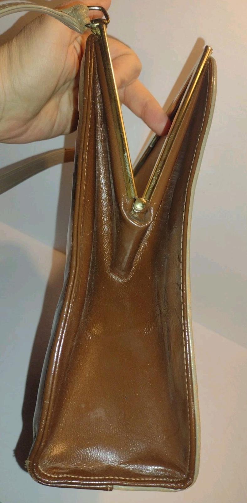 Vintage Johansen Two Tone Leather Frame Bag Brass Feet Top Handle 1950s Brown