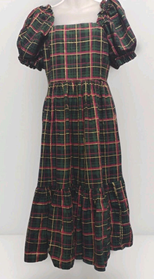 Handmade Tartan Plaid Dress M/L Puff Sleeves Ruffle Hem Cottagecore