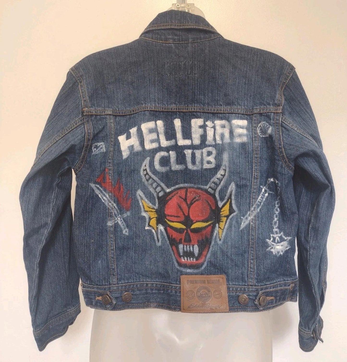 Eddie Bauer Hand Painted Hellfire Club Denim Jacket Youth 10/12 Custom Art