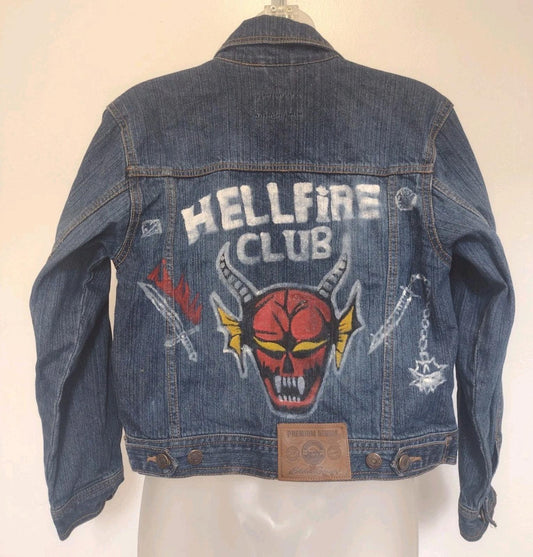 Eddie Bauer Hand Painted Hellfire Club Denim Jacket Youth 10/12 Custom Art