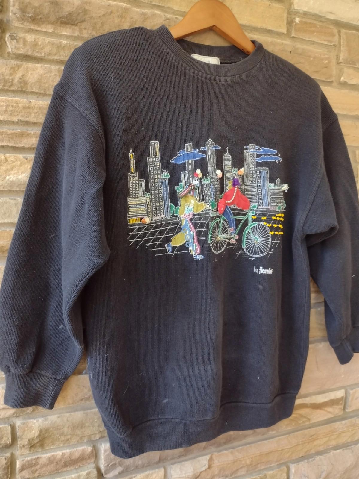 Rare 80s Fiorelle Paris 3D Artwear Sweatshirt Bicycle Cityscape M/L Handmade