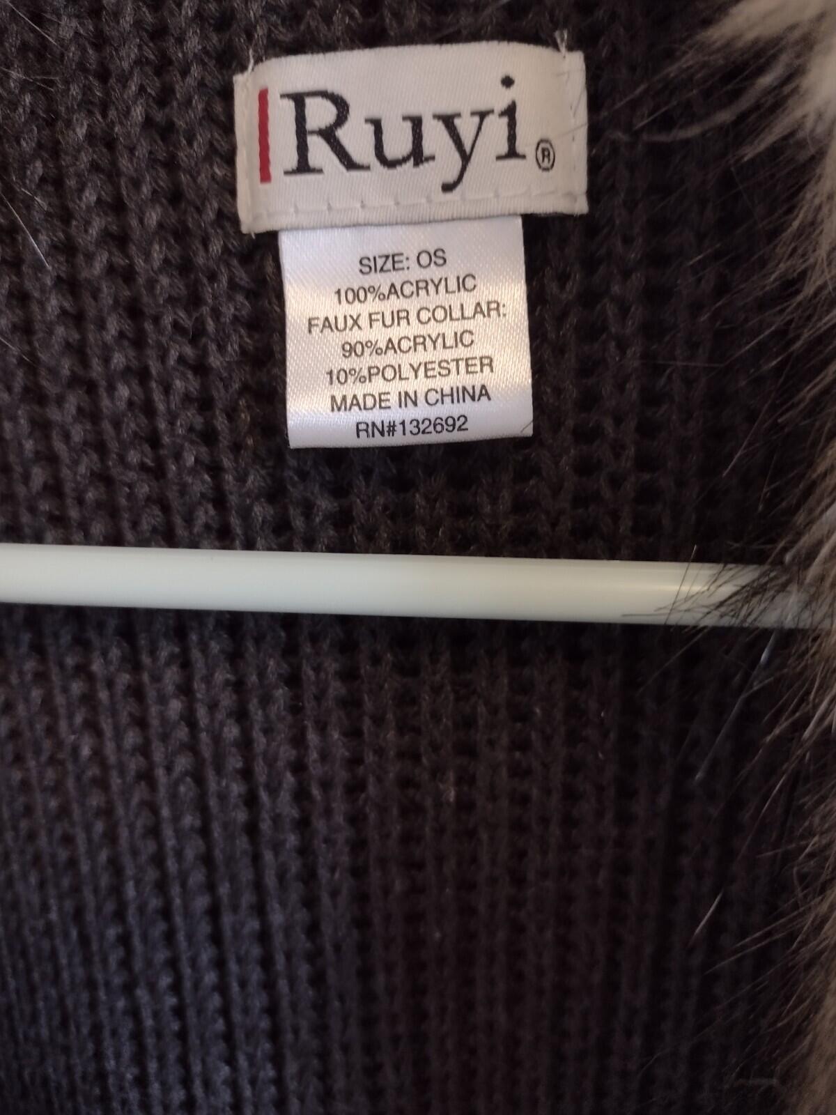 Ruyi Knit Sweater Vest Faux Fur Collar Off Black Women Sz OS With Toggle Close