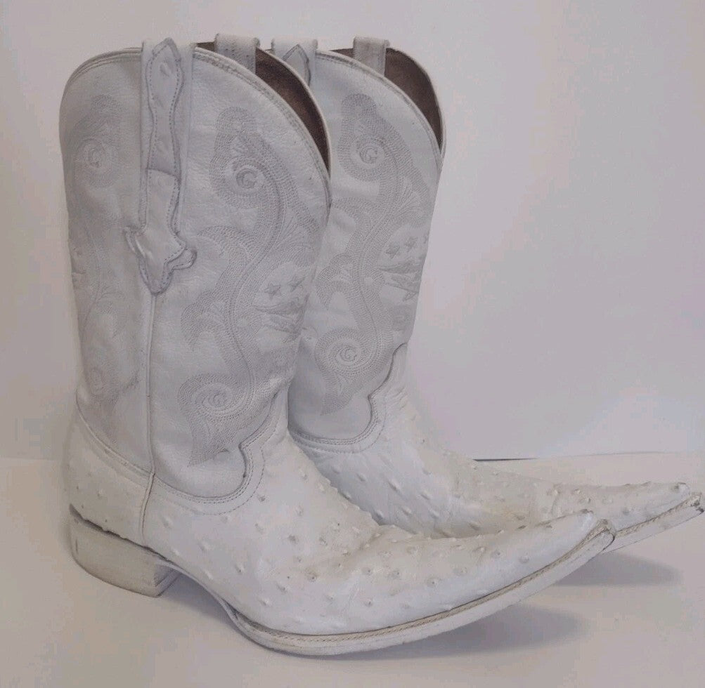 Vintage El General White Ostrich Cowboy Boots Eagle Snip Toe Western US 12
