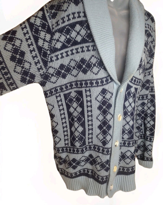 Vintage Men's Shawl Collar Cardigan Fair Isle Nordic Orlon USA Blue Large L