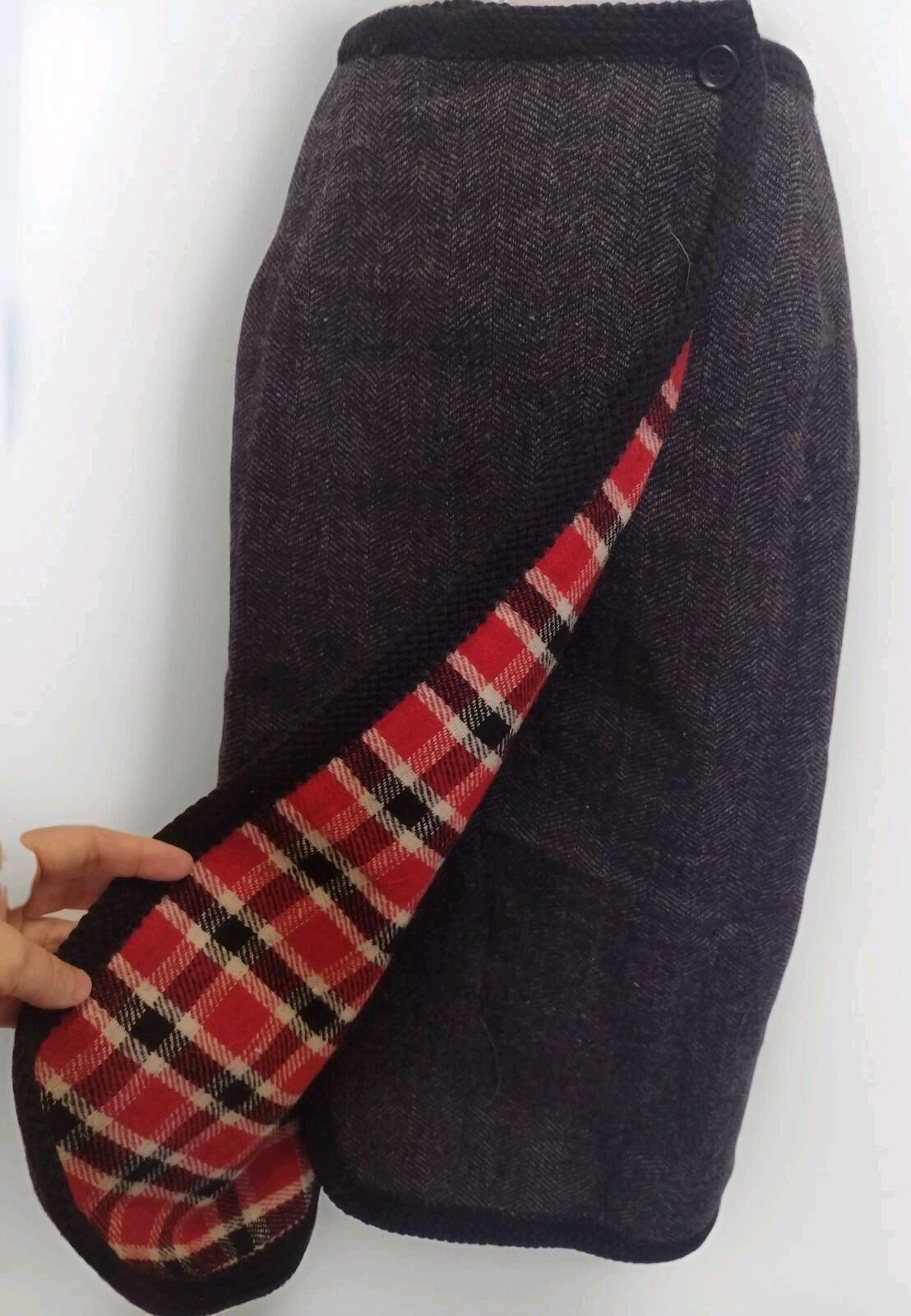 Vintage 50s Handmade Reversible Wool Wrap Skirt XS Plaid Herringbone Trimmed