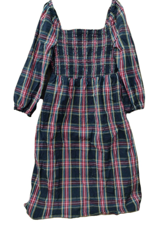 J.Crew Smocked Plaid Midi Dress XL Square Neck Long Sleeve Cottagecore