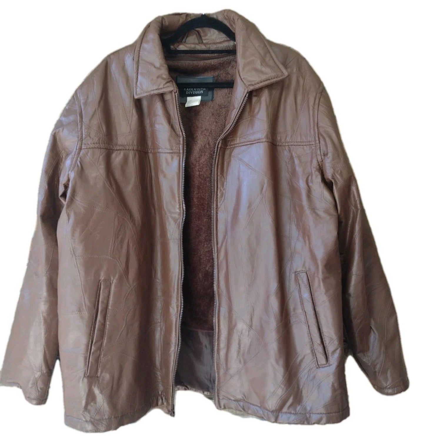 Vintage Genuine Patchwork Leather Jacket Brown W Zip Out Faux Fur Lining Sz XL