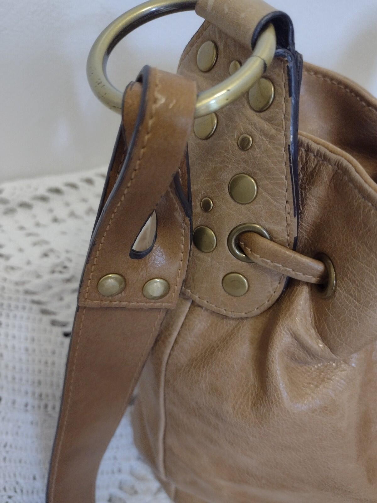 Vintage Tan Leather Drawstring Shoulder Bag Waxed Distressed Finish Stud Accents
