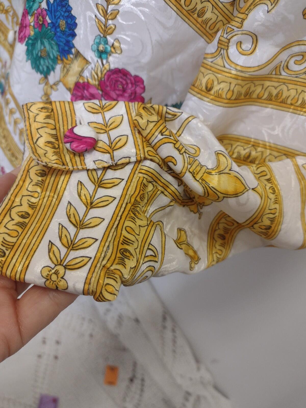 Pierre Cardin Baroque Satin Shirt L Gold Floral Scroll Vintage Luxe 80s