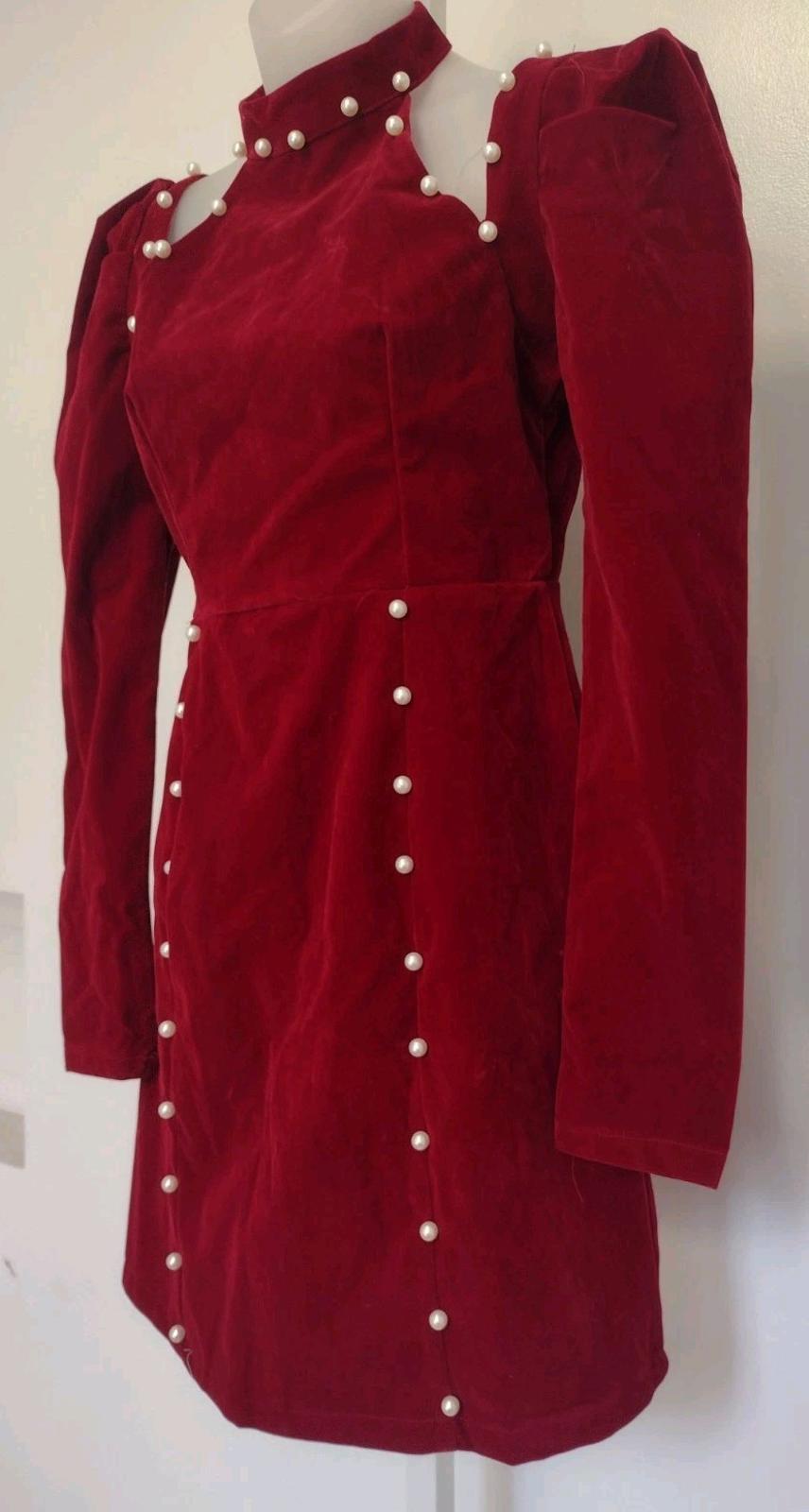 Wine Velvet Pearl Embellished Mini Dress Korean M XS‑S Victorian Inspired