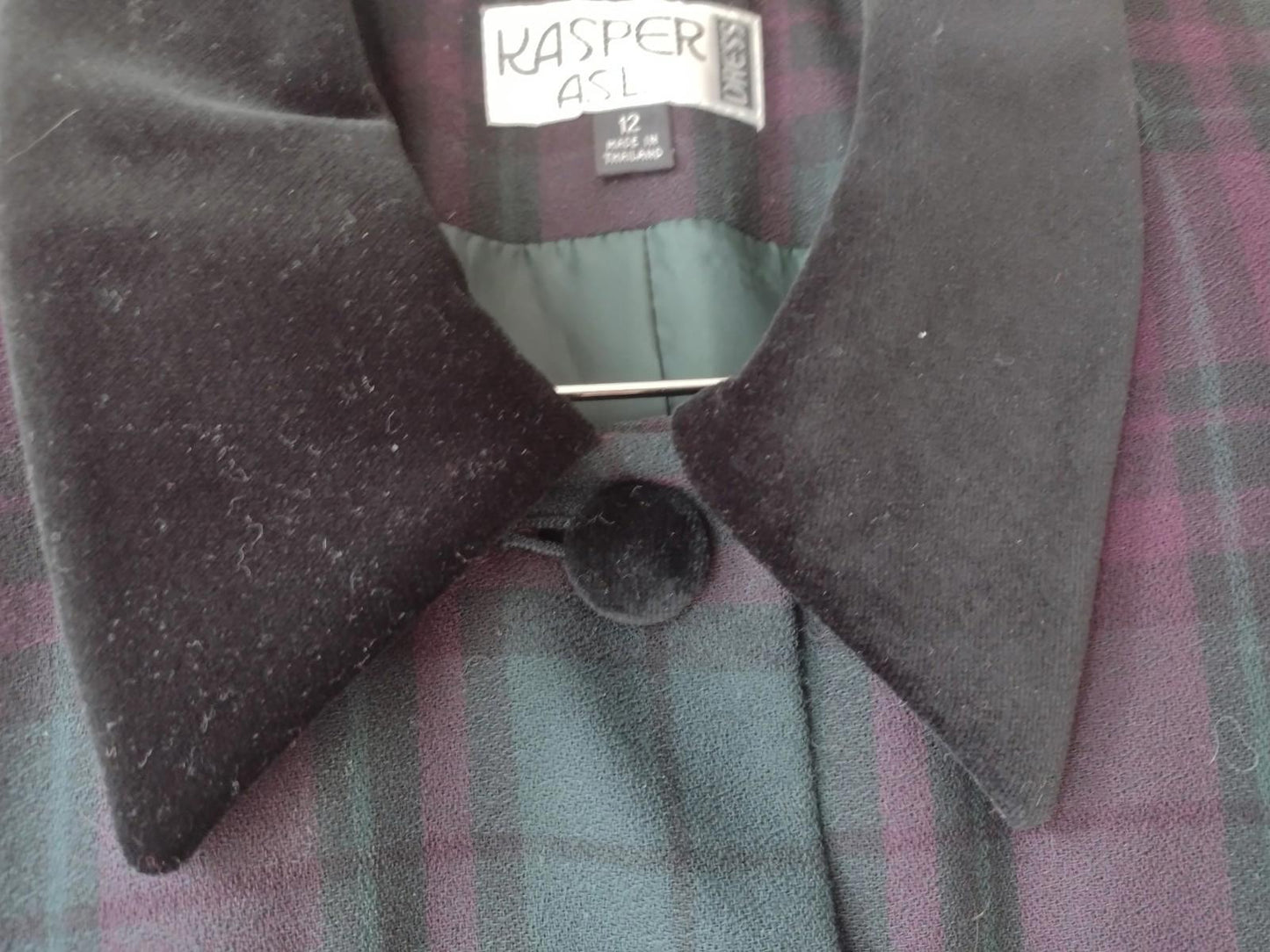 VTG Kasper ASL Petite Dress Coat Womens Green Plaid Flannel Velvet Collar Cuffs