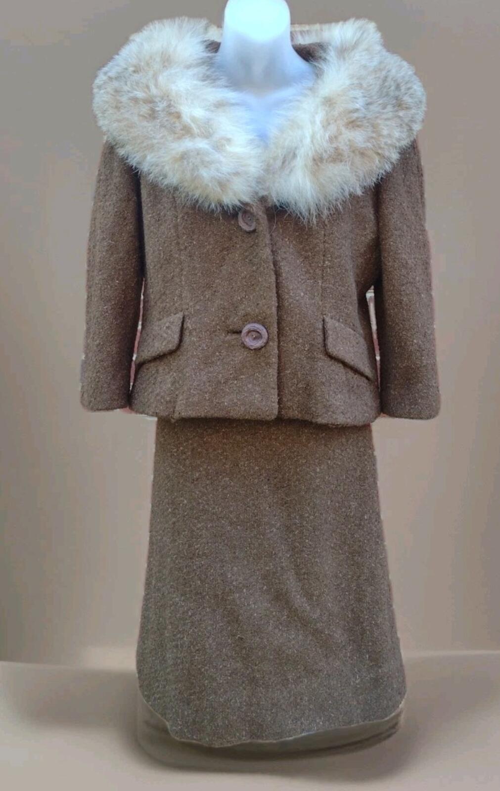 VTG 50s Zelinka Bouclé Wool Fox Fur Collar Coat Skirt Set Union Made Sz M