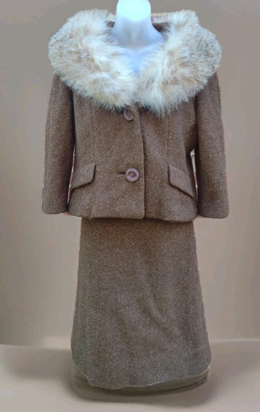 VTG 50s Zelinka Bouclé Wool Fox Fur Collar Coat Skirt Set Union Made Sz M