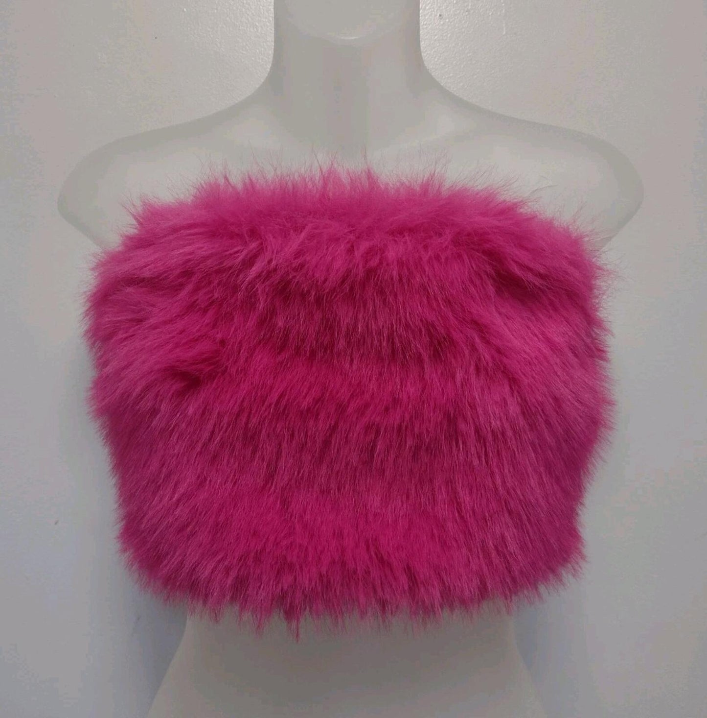 Hot Pink Faux Fur Crop Tube Top Y2K Style Washable Sz M