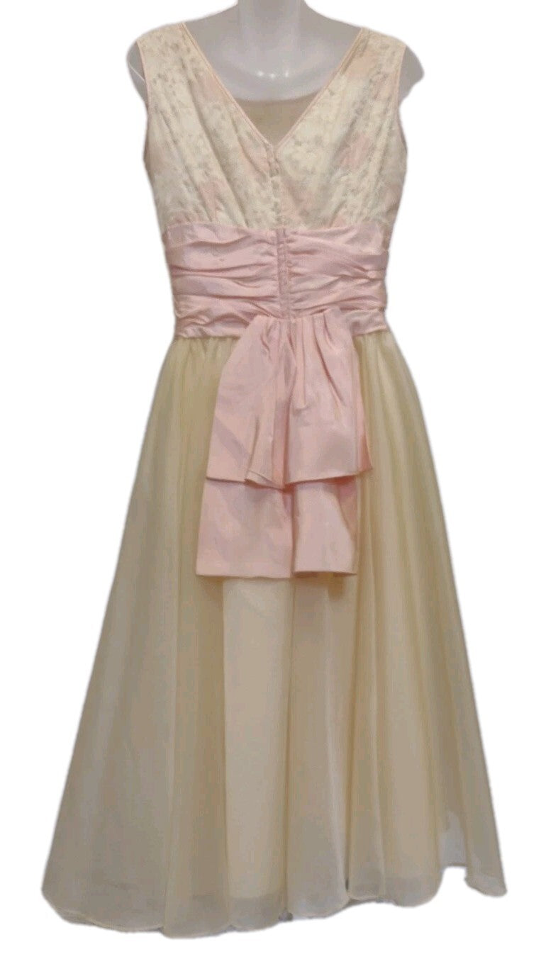 VTG 1960s Handmade Floral Chiffon Party Dress Pink Ivory Tea Garden Wedding M
