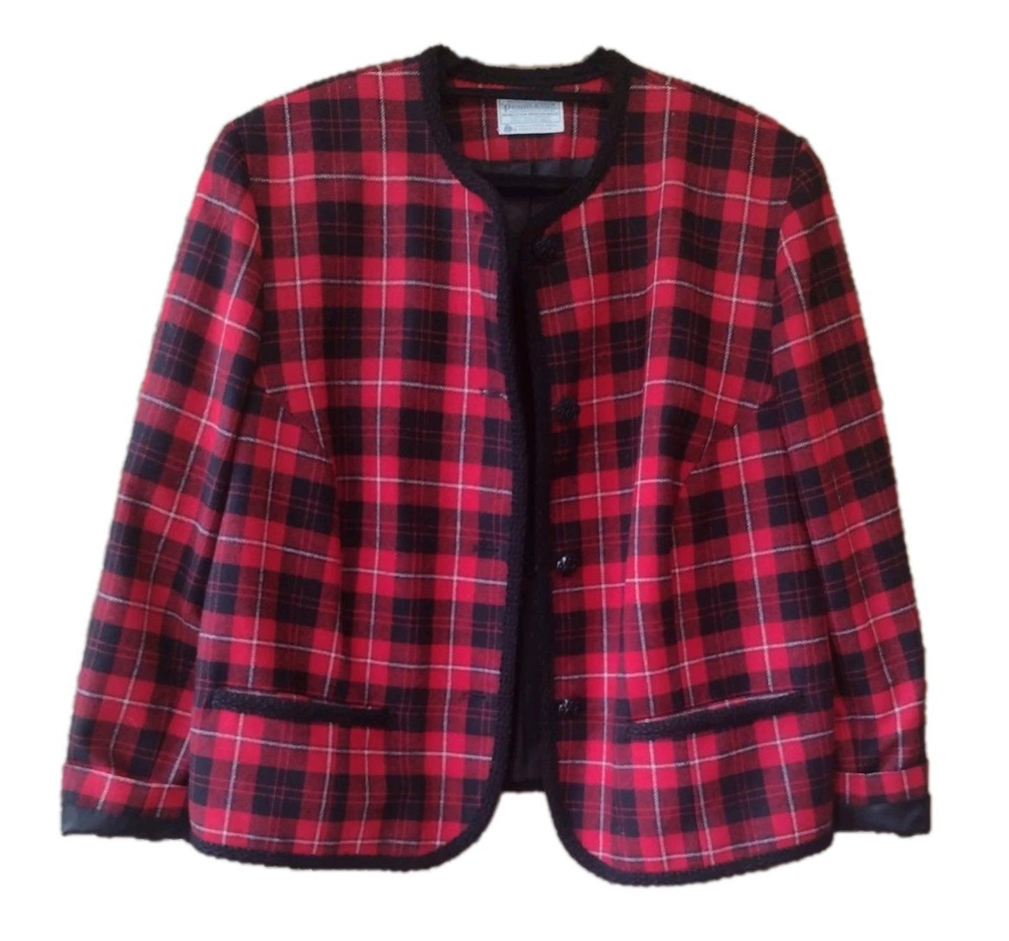 Vintage 60s Rare Pendleton Wool Jacket 18W Red Plaid Braided Trim Satin Lining