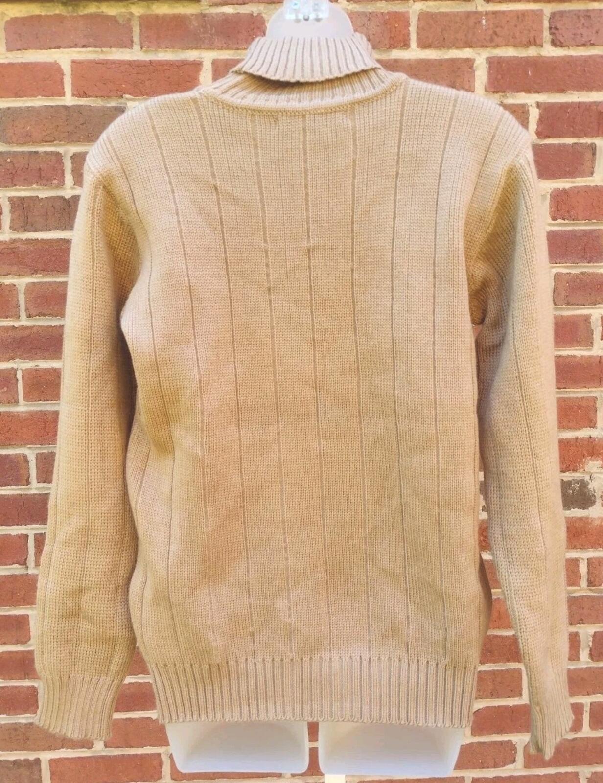 Vintage Tan Navy Turtleneck Sweater Acrylic Blend Ribbed Knit Women M/LSki
