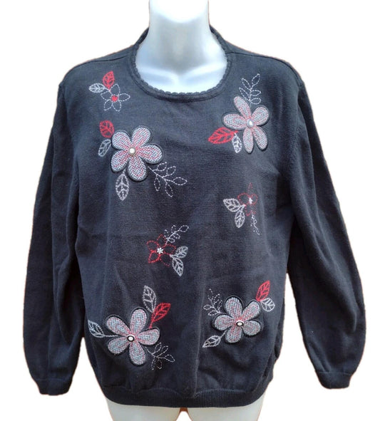 Vintage Floral Embroidered Sweater XL Black Cottagecore Grandmacore Boho Knit