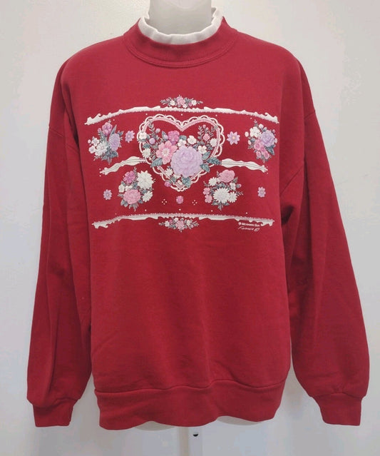 Vintage Morning Sun Floral Heart Sweatshirt L USA Jerzees Cottagecore Coquette
