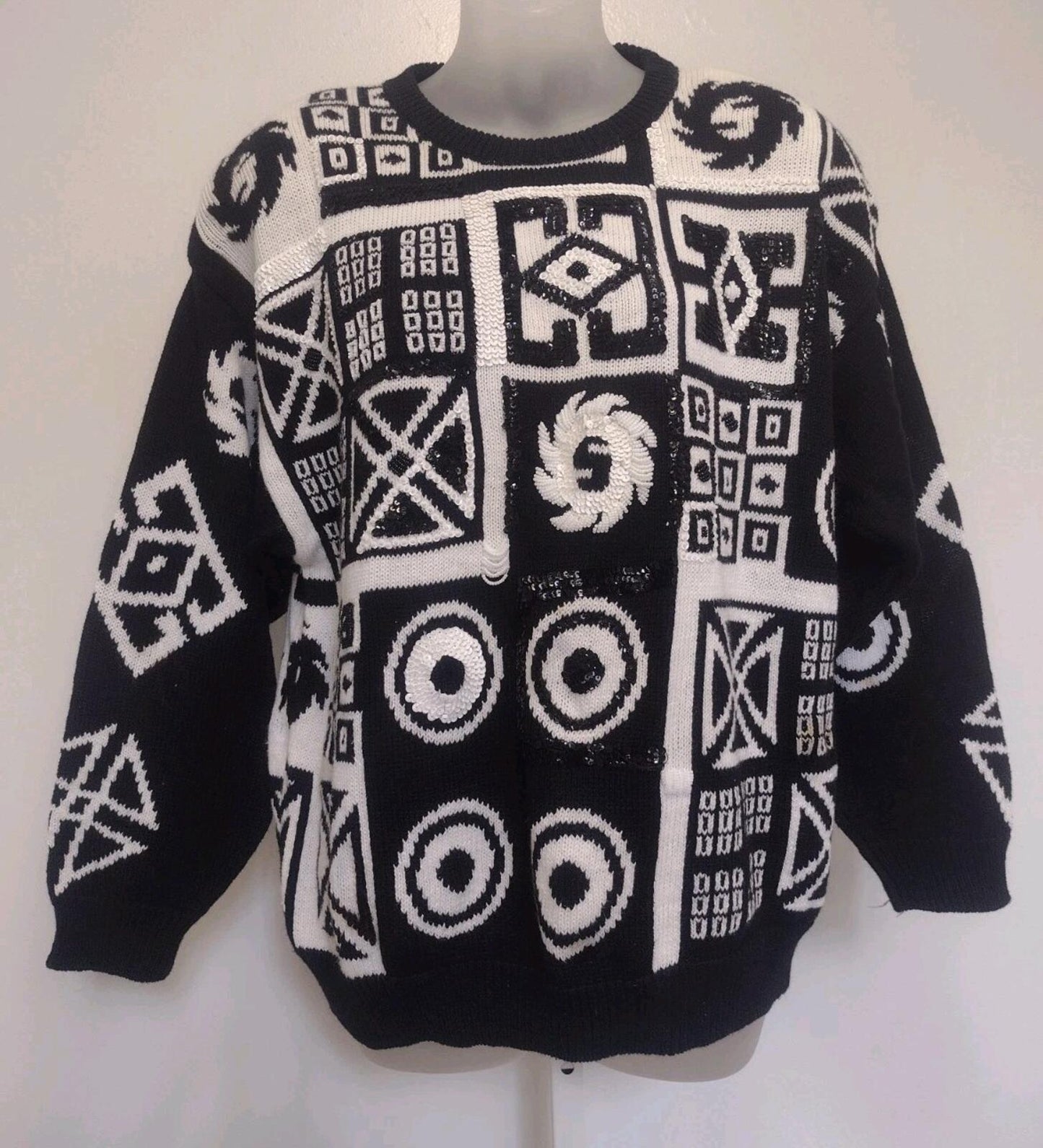 1991 IB Diffusion Black White Geometric Beaded Sequin Sweater M Ramie Cotton