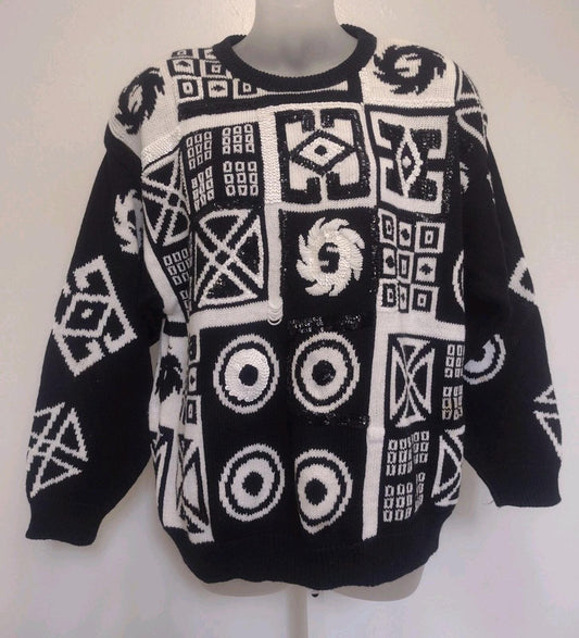 1991 IB Diffusion Black White Geometric Beaded Sequin Sweater M Ramie Cotton