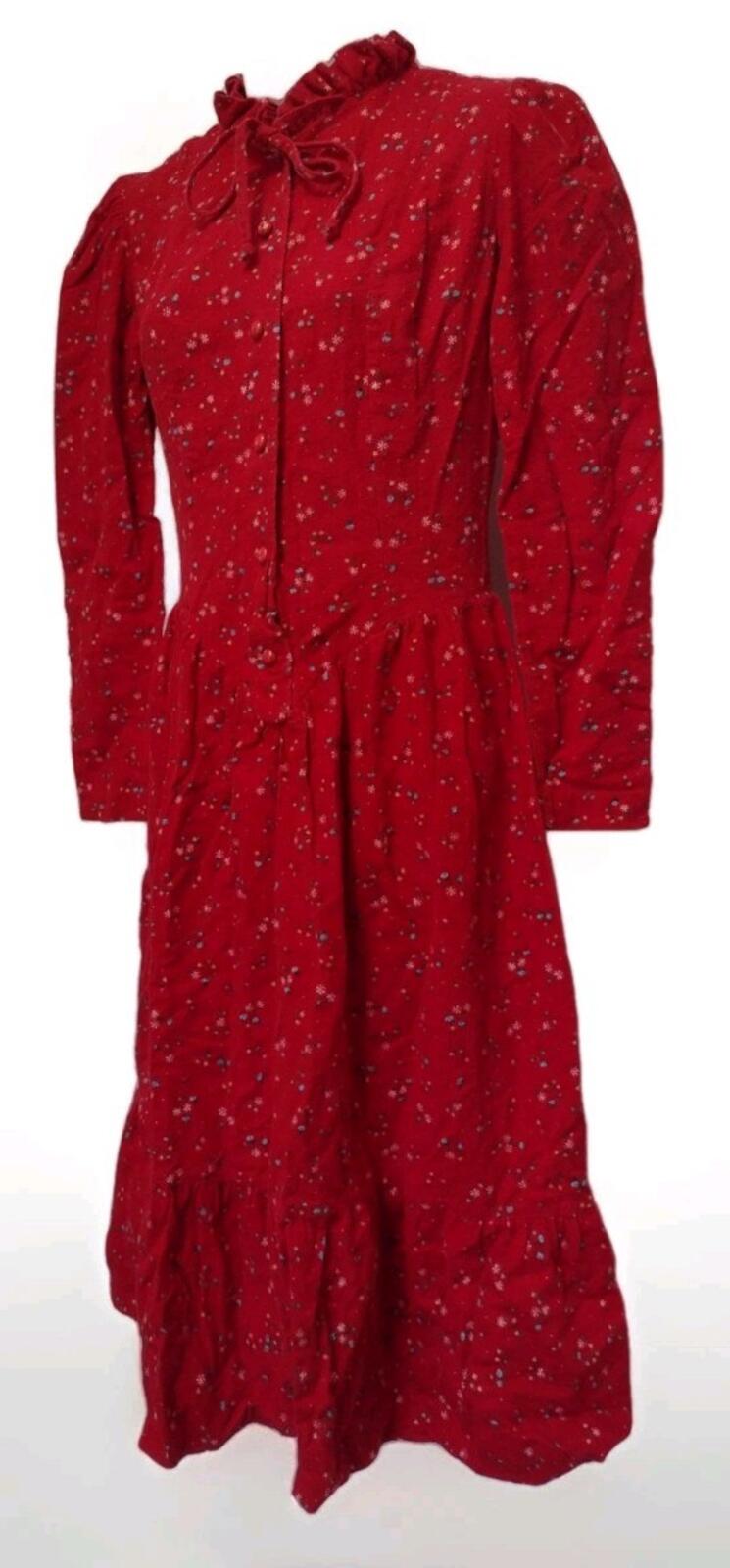VTG 70s Avon Fashions Red Floral Prairie Dress flannel 7/8