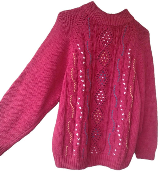 VTG 90s Max And Diane Red Embroidered Sweater Cable Knit Ramey Cotton Sz M