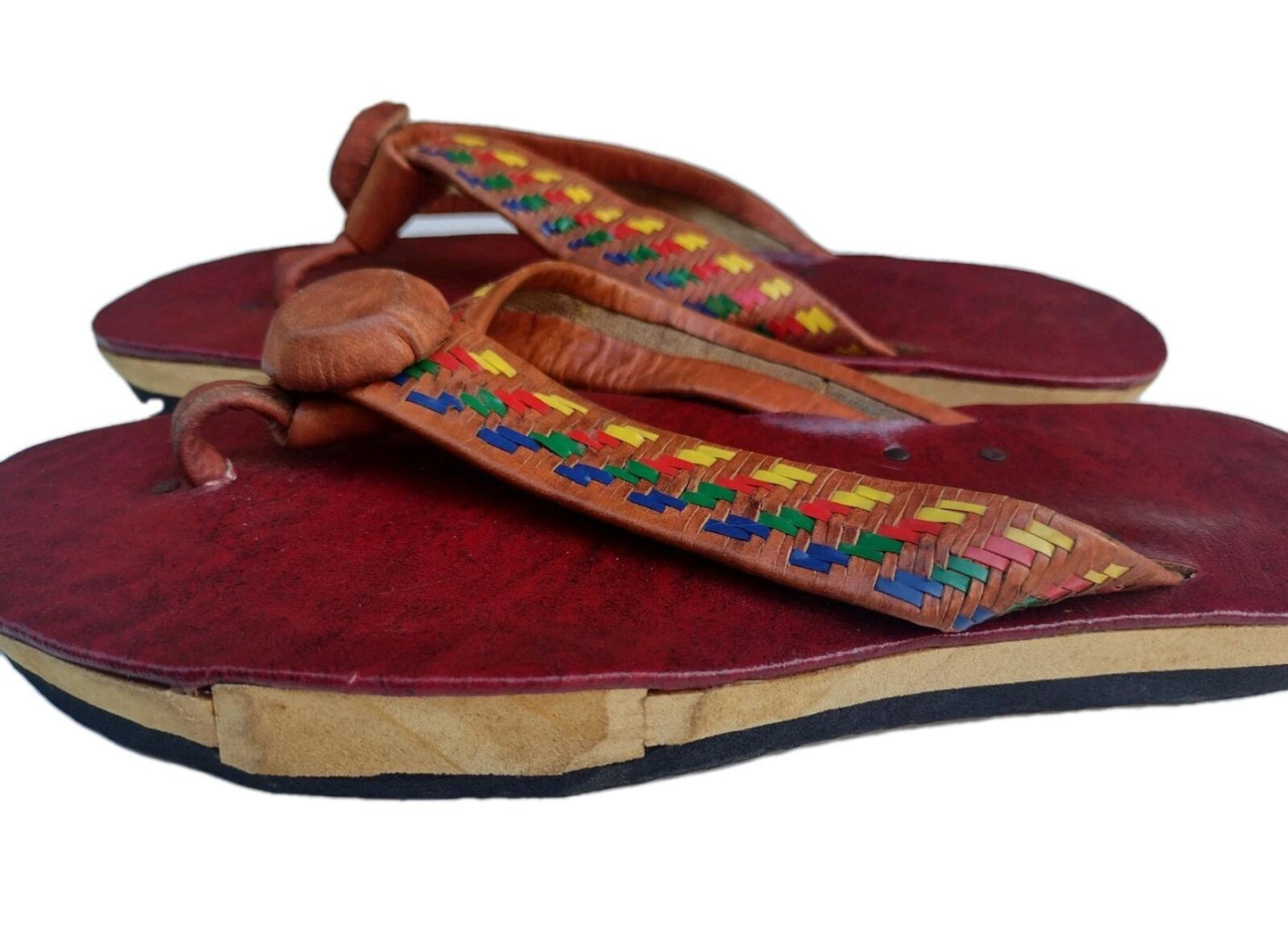 VTG 70s Handmade Indian Leather Sandals Boho Festival Woven Artisan Flip Flops 9