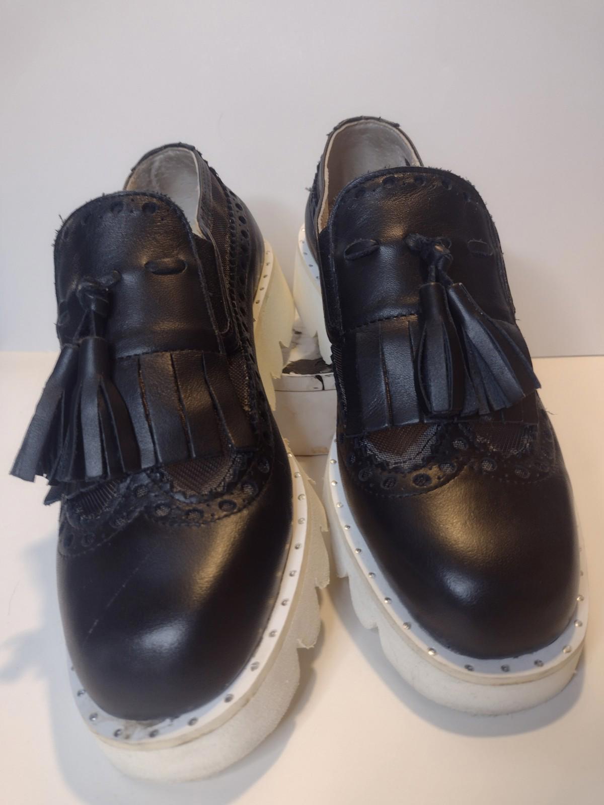 Giordana F Italy Black Leather Tassel Loafers Mesh 1.5in Platform Size 6.5‑7