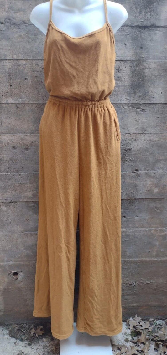 Vintage Style Terry Wide Leg Jumpsuit Spaghetti Strap Caramel Sz S Athleisure