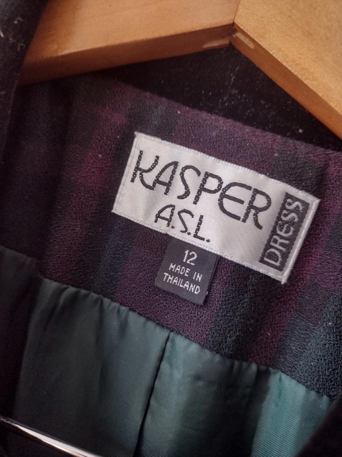 VTG Kasper ASL Petite Dress Coat Womens Green Plaid Flannel Velvet Collar Cuffs