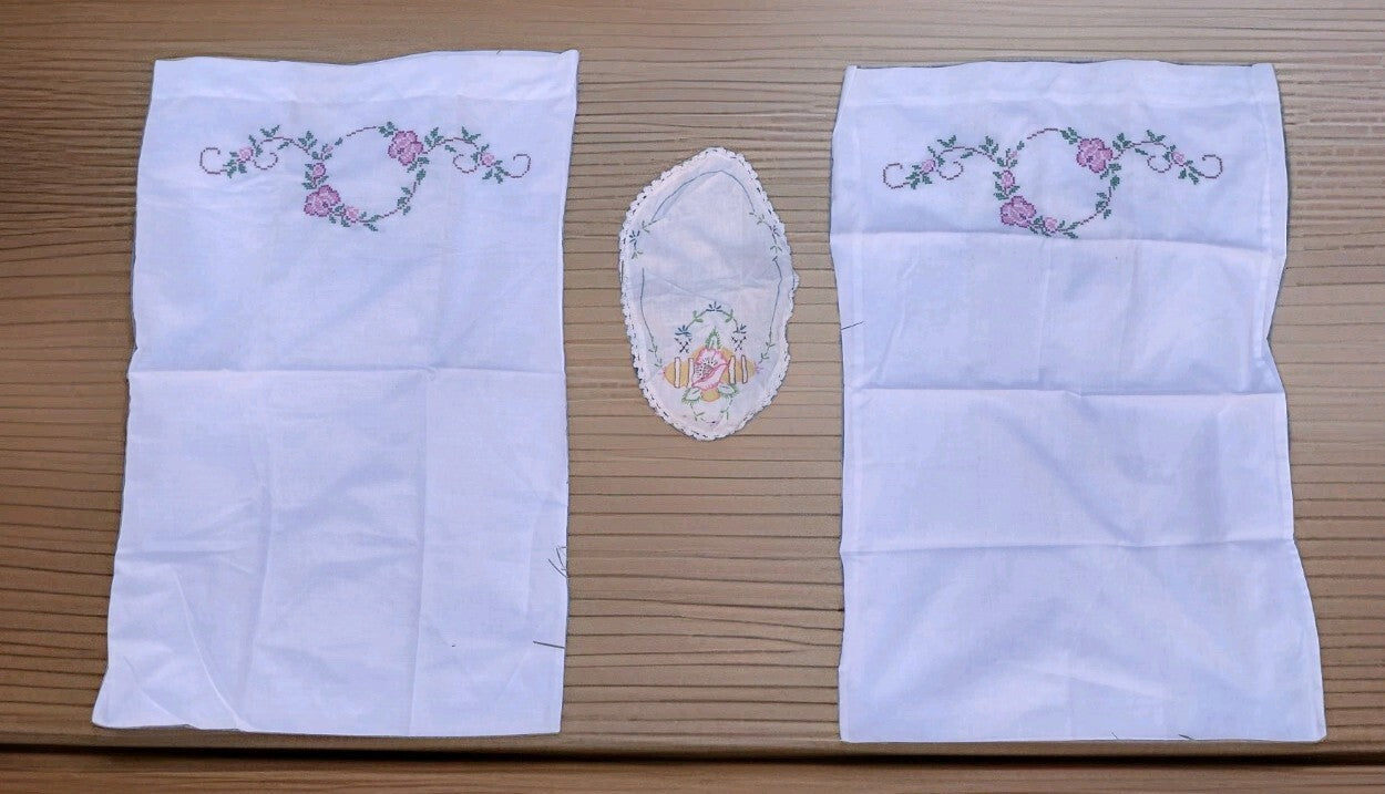 VTG 40s Pillowcases Floral Cross Stitch Embroidered Handmade Lace Doily Cottage